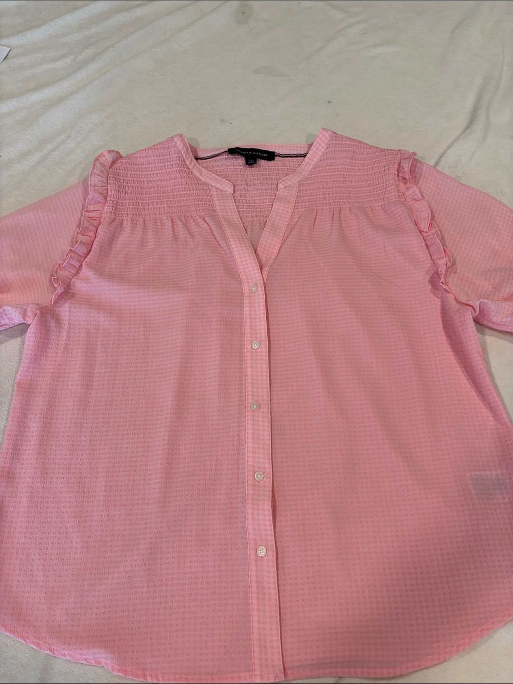 Tommy Hilfiger Light Pink Ruffle-Trim Button Down Blouse